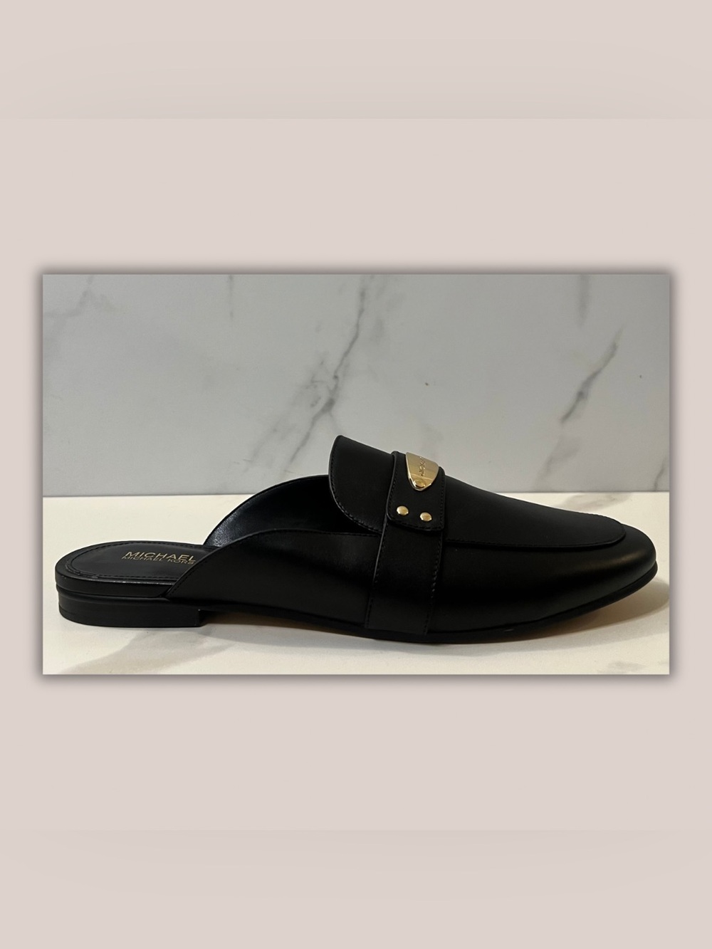Michael Kors Black Leather Backless Loafer with Gold Accent
